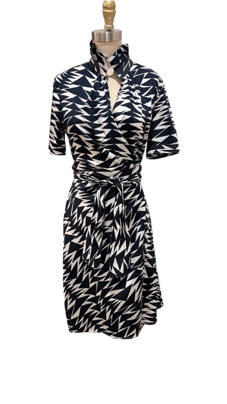 Max Mara Dress Womens 6 Black White Geometric Wrap Collared Cotton Italy